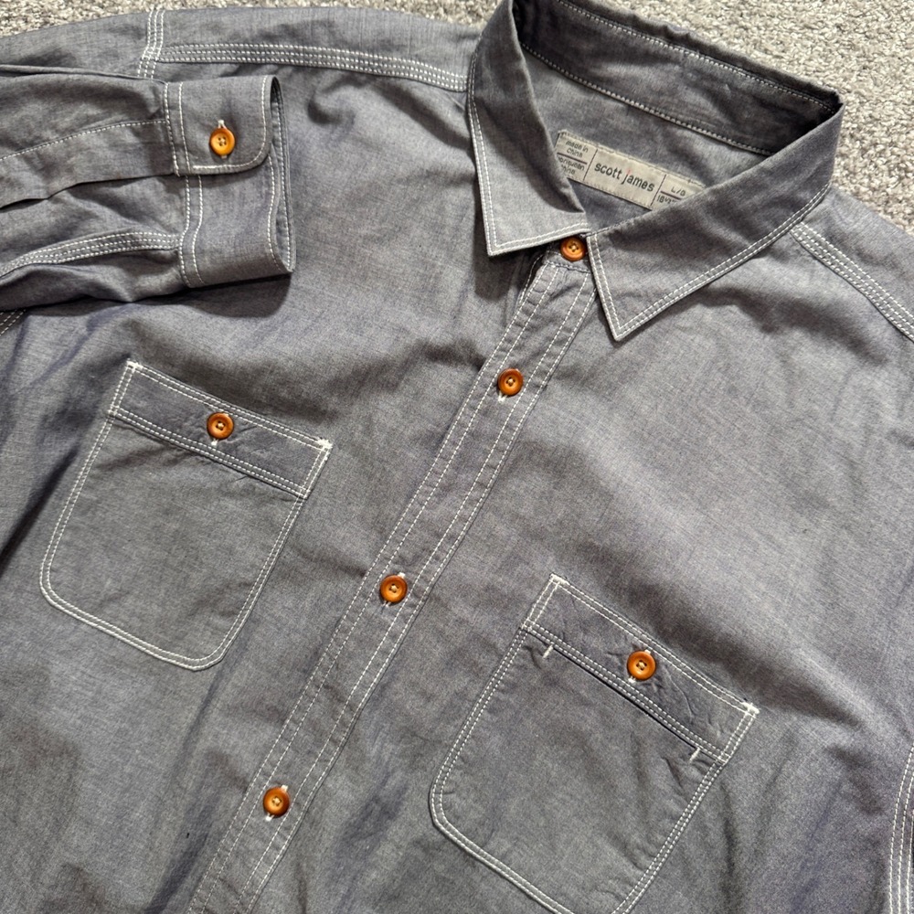 Scott James Shirt Mens Large Blue Chambray 100% Cotton Workwear Contrast Stitch